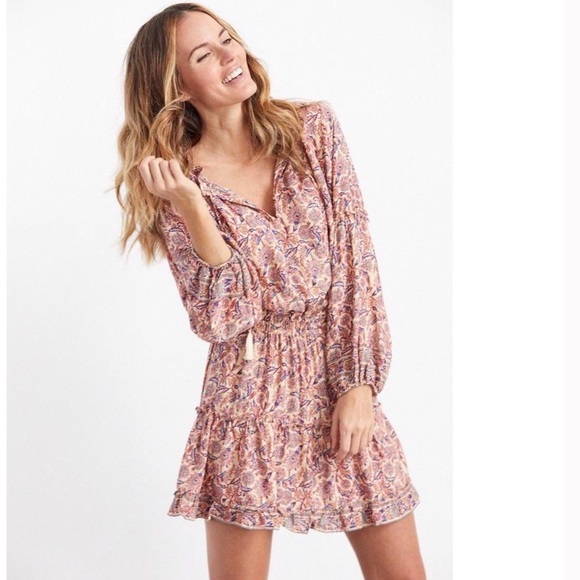 NATALIE MARTIN Maggie Dress Pink Ivy Smocked Waist Long Sleeve 100% Silk Dress - Picture 1 of 7